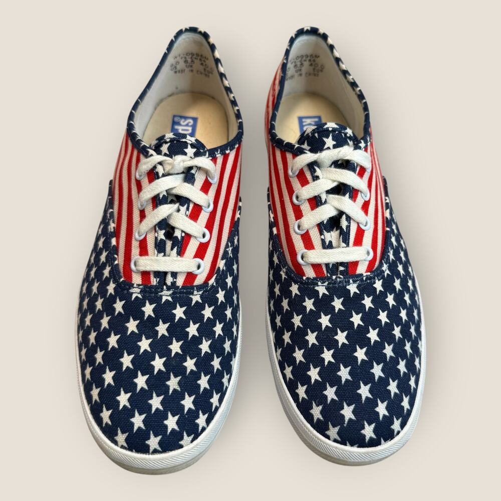 Keds American Flag USA Canvas Sneakers Women Size 9 Lace Up Red White Blue Stars - Picture 2 of 9